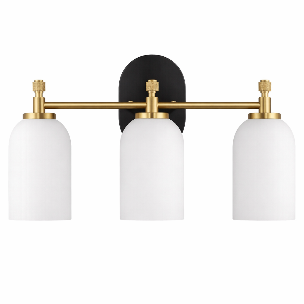 Meadows Three Lights Vanity Brushed Gold Bathroom Wall Light for Bathroom Over Mirror 20.5"W × 10.125"H × 5.5"E with White Frosted Glass from Ashcroft Furniture - Luna Furniture
