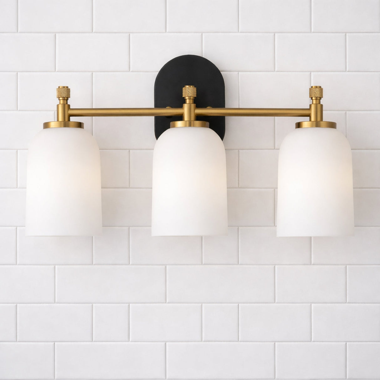 Meadows Three Lights Vanity Brushed Gold Bathroom Wall Light for Bathroom Over Mirror 20.5"W × 10.125"H × 5.5"E with White Frosted Glass from Ashcroft Furniture - Luna Furniture