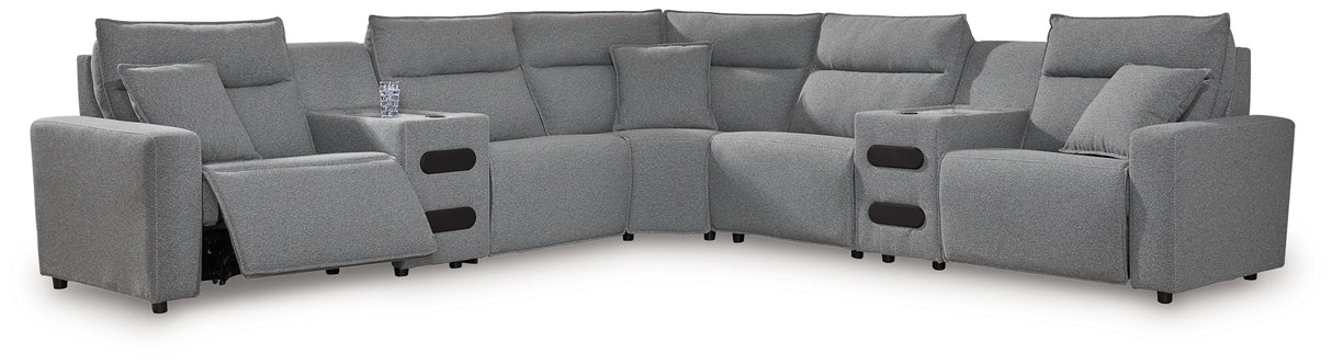 Modmax II Salt and Pepper 7-Piece Power Reclining Sectional with 2 Audio Consoles from Ashley - Luna Furniture