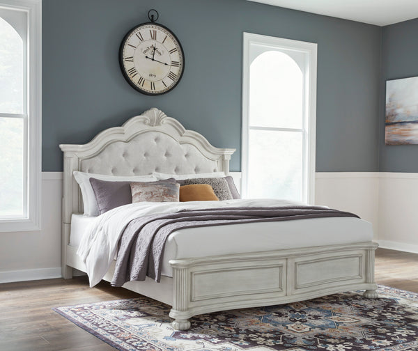 Montelaine Antique White California King Upholstered Panel Bed