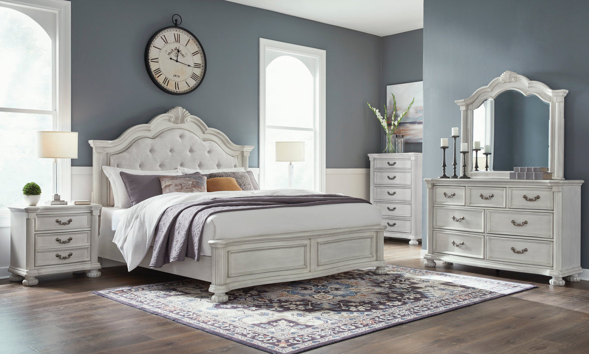 Montelaine Antique White Queen Upholstered Panel Bed from Ashley - Luna Furniture