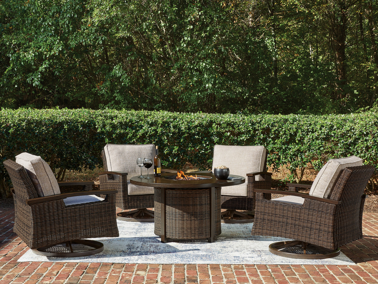 Monterey Point Outdoor Fire Pit Table and 4 Chairs in Dark Brown from Ashley - Luna Furniture