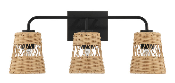 Moonlit Three Lights Wall Sconce With Rattan Shade, Bathroom Lighting Fixtures Over Mirror