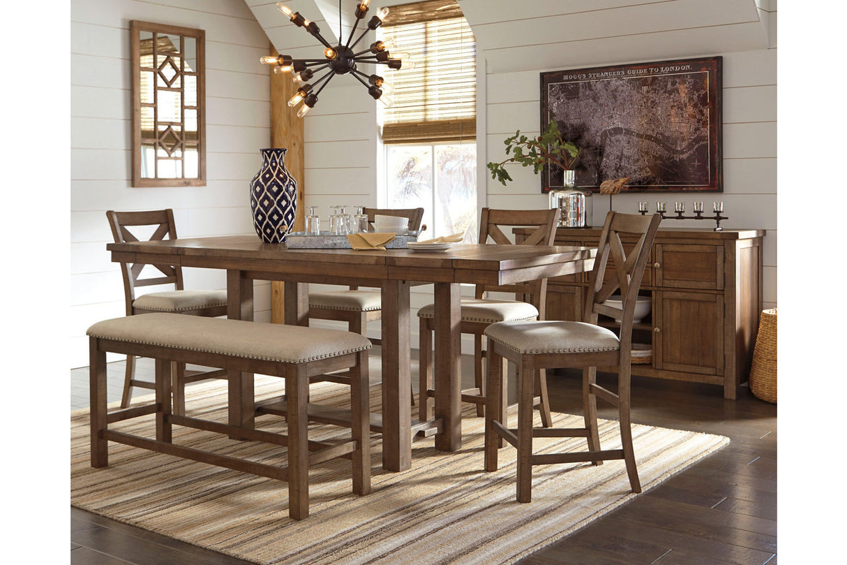 Moriville Grayish Brown Counter Height Dining Table with 4 Barstools, Bench, and Server from Ashley - Luna Furniture