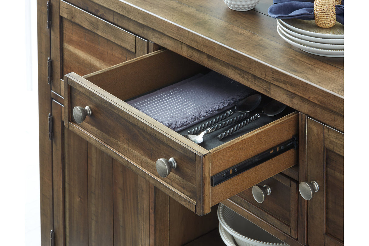 Moriville Grayish Brown Counter Height Dining Table with 4 Barstools, Bench, and Server from Ashley - Luna Furniture