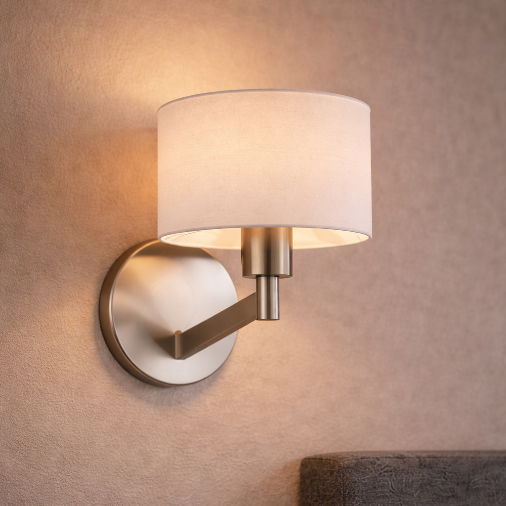 Nebula Brushed Nickel Base Wall Lamp with Rotary Switch White Fabric Shade from Ashcroft Furniture - Luna Furniture