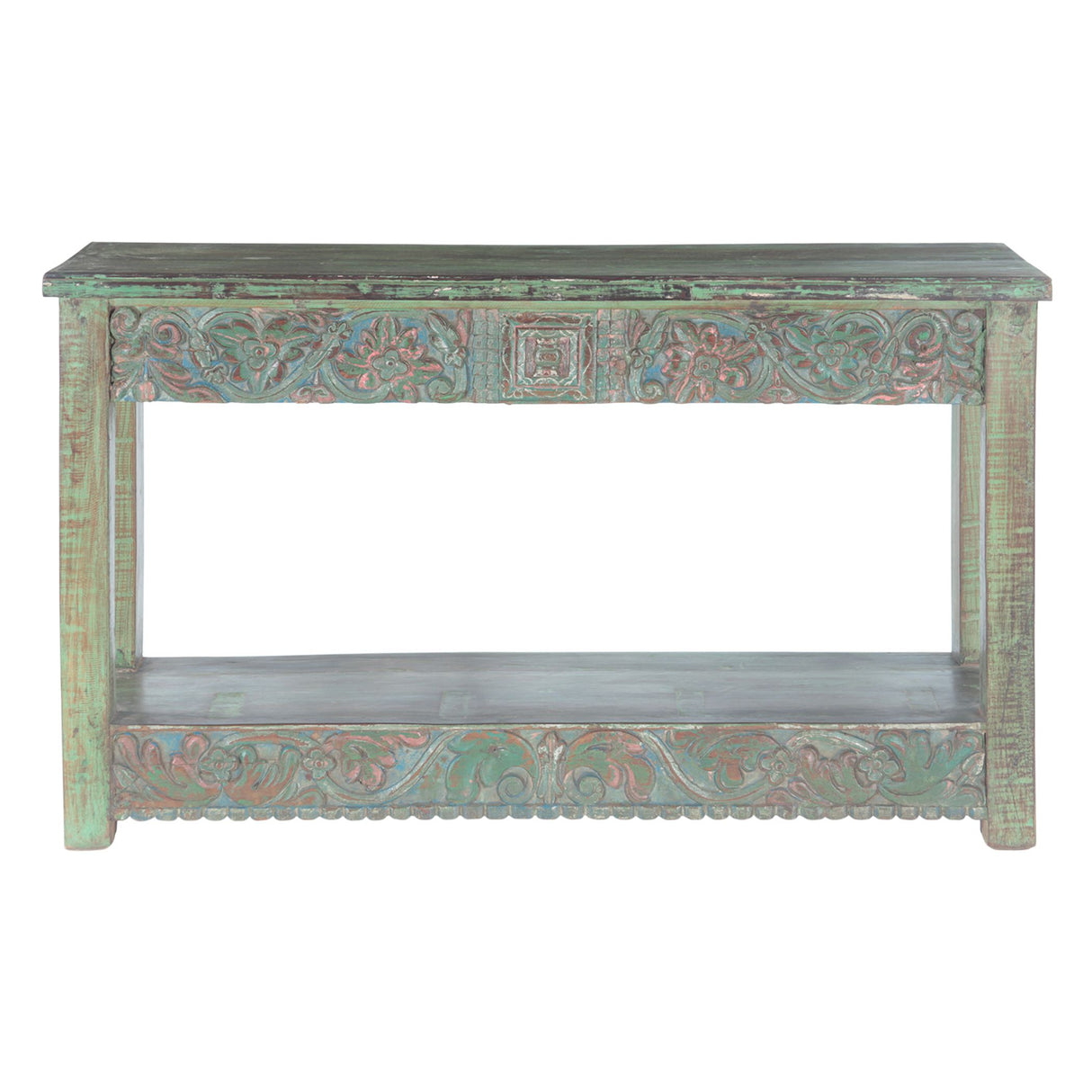 Hand Carved Wood Console Table with Bottom Shelf
