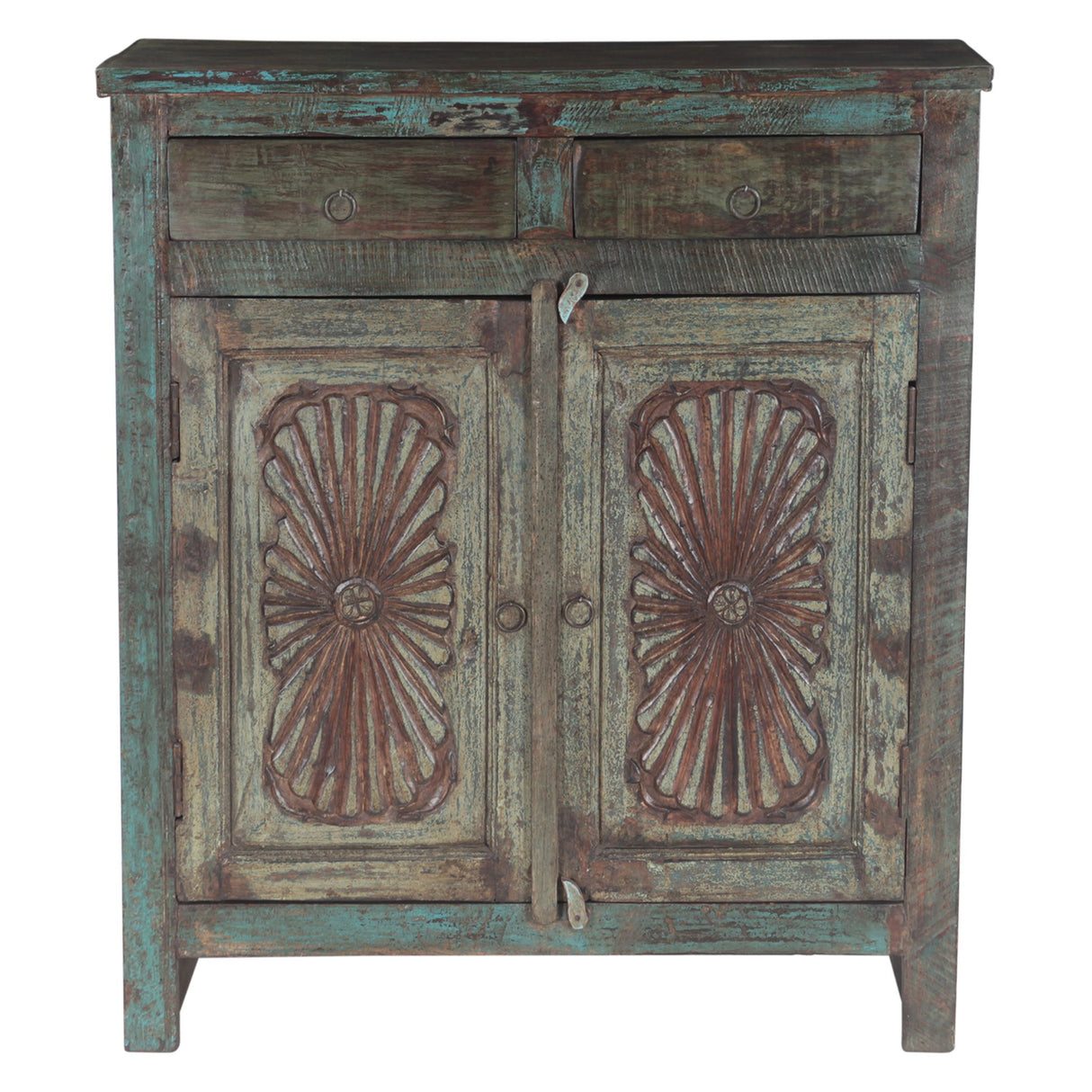 Hand Carved Wood Cabinet with Two Drawers and Two Doors