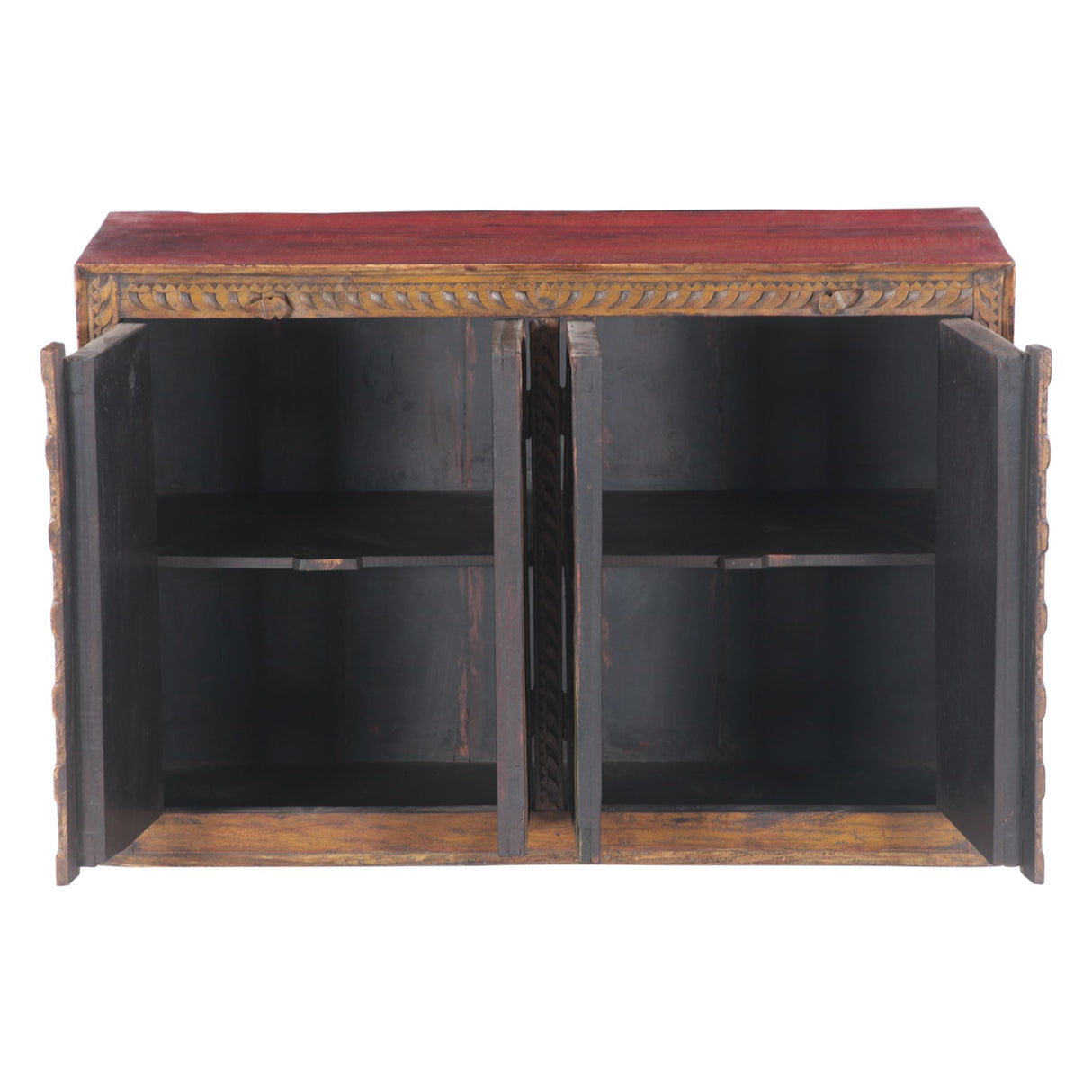 Small Hand Carved Wood Four Door Cabinet with Brass Fittings