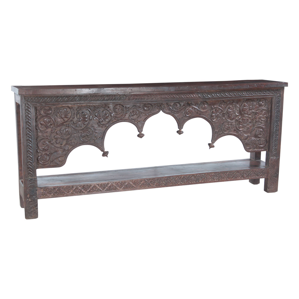 Finely Carved Large Wood Arch Console Table with Bottom Shelf