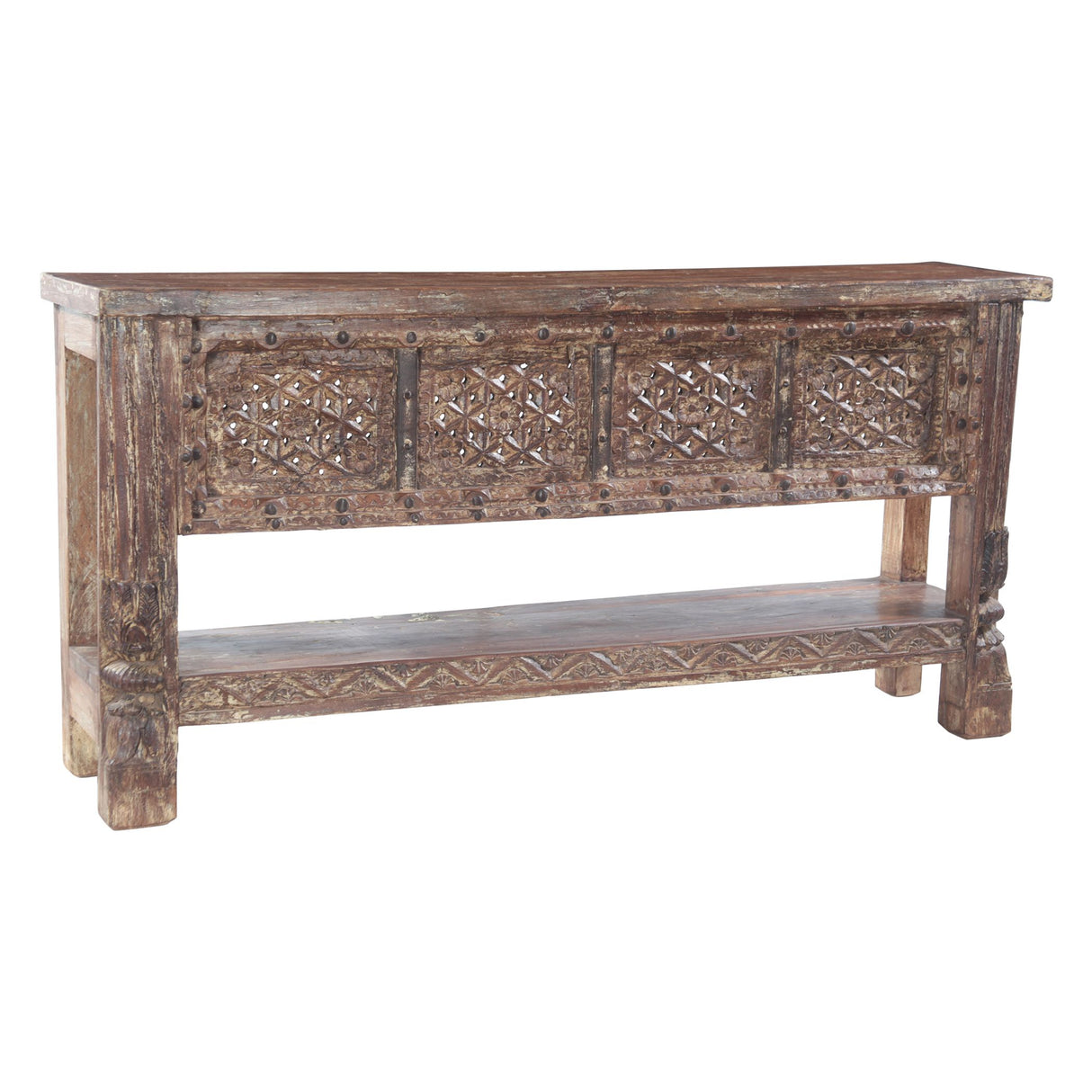Hand Carved Wood Door Console Table with Bottom Shelf