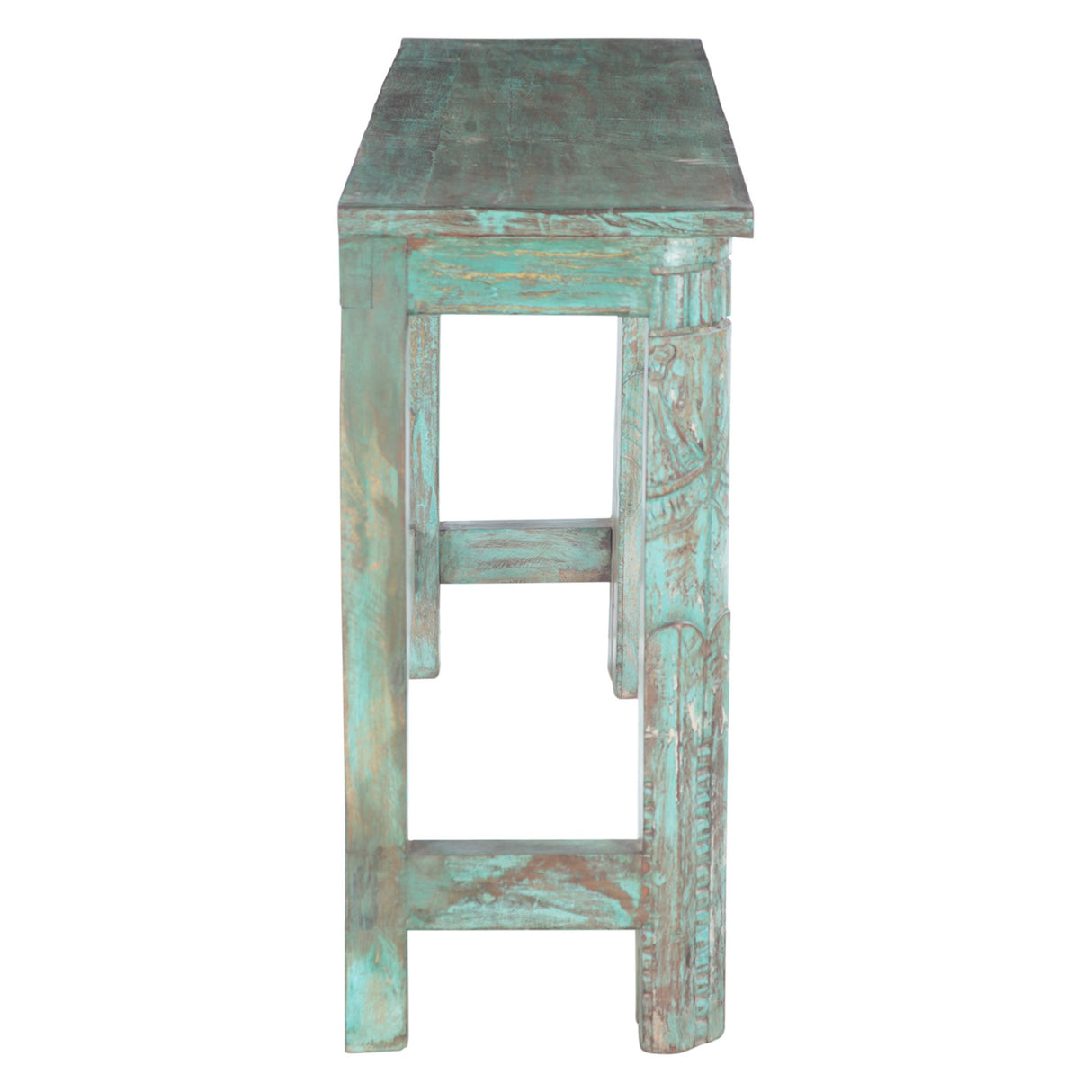 Hand Carved Wooden Console Table in Antique Teal