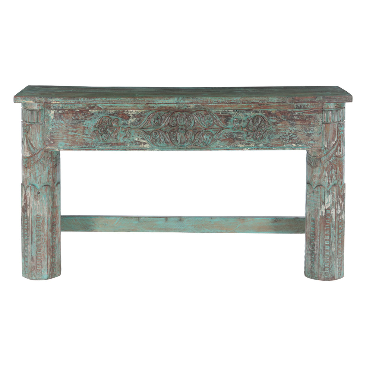 Hand Carved Wooden Console Table in Antique Teal