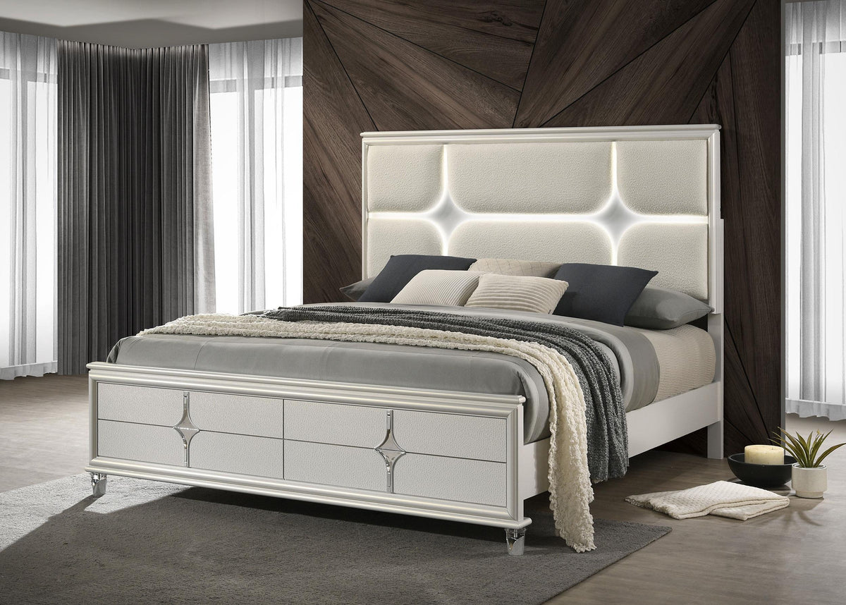 Olivia Pearl White Queen Panel Bed with LED Headboard from Coaster - Luna Furniture