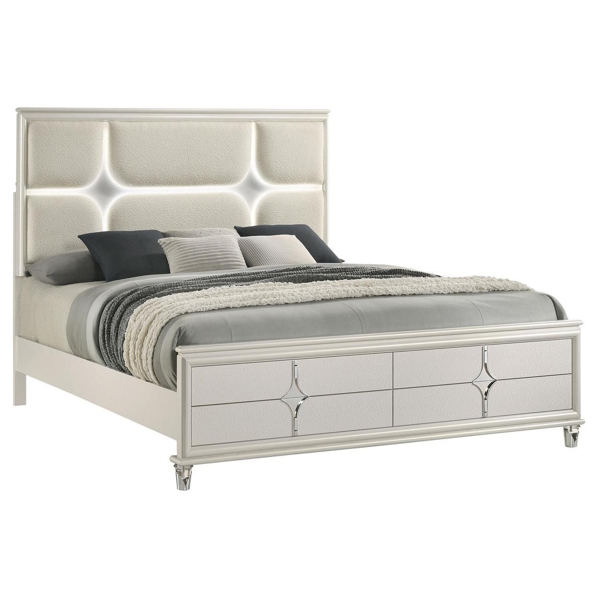 Olivia Pearl White Queen Panel Bed with LED Headboard from Coaster - Luna Furniture