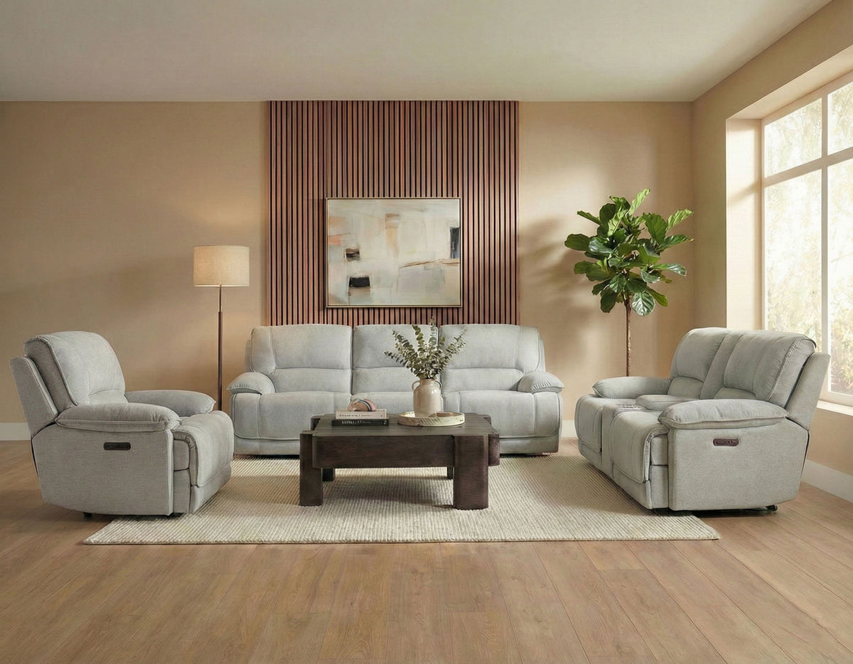 Olsen 3-Piece Dual-Power Reclining Set, Silver – Sofa, Loveseat, Recliner from Steve Silver - Luna Furniture