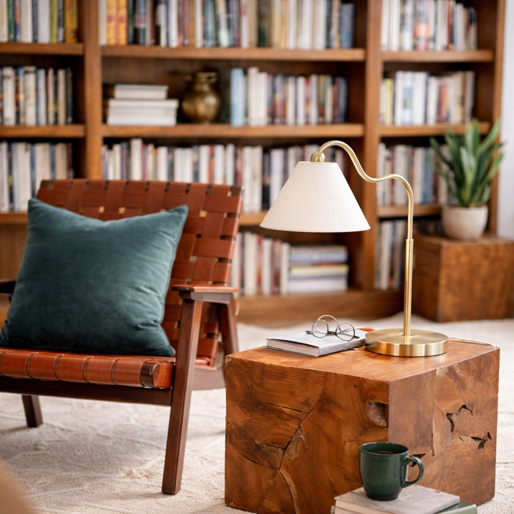 Ornate Brass Ring Base Curved Table Lamp with Triangle White Drum Shade from Ashcroft Furniture - Luna Furniture