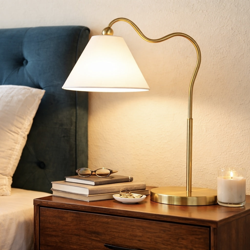 Ornate Brass Ring Base Curved Table Lamp with Triangle White Drum Shade from Ashcroft Furniture - Luna Furniture