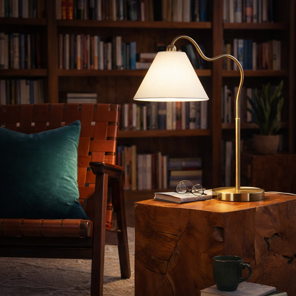 Ornate Brass Ring Base Curved Table Lamp with Triangle White Drum Shade from Ashcroft Furniture - Luna Furniture