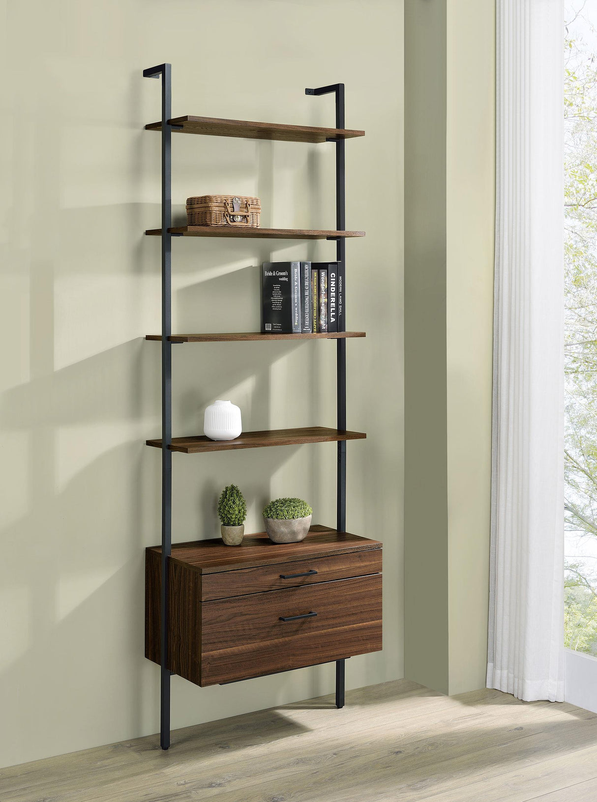 Owens Walnut 31-inch 4-Shelf Storage Wall Bookshelf from Coaster - Luna Furniture