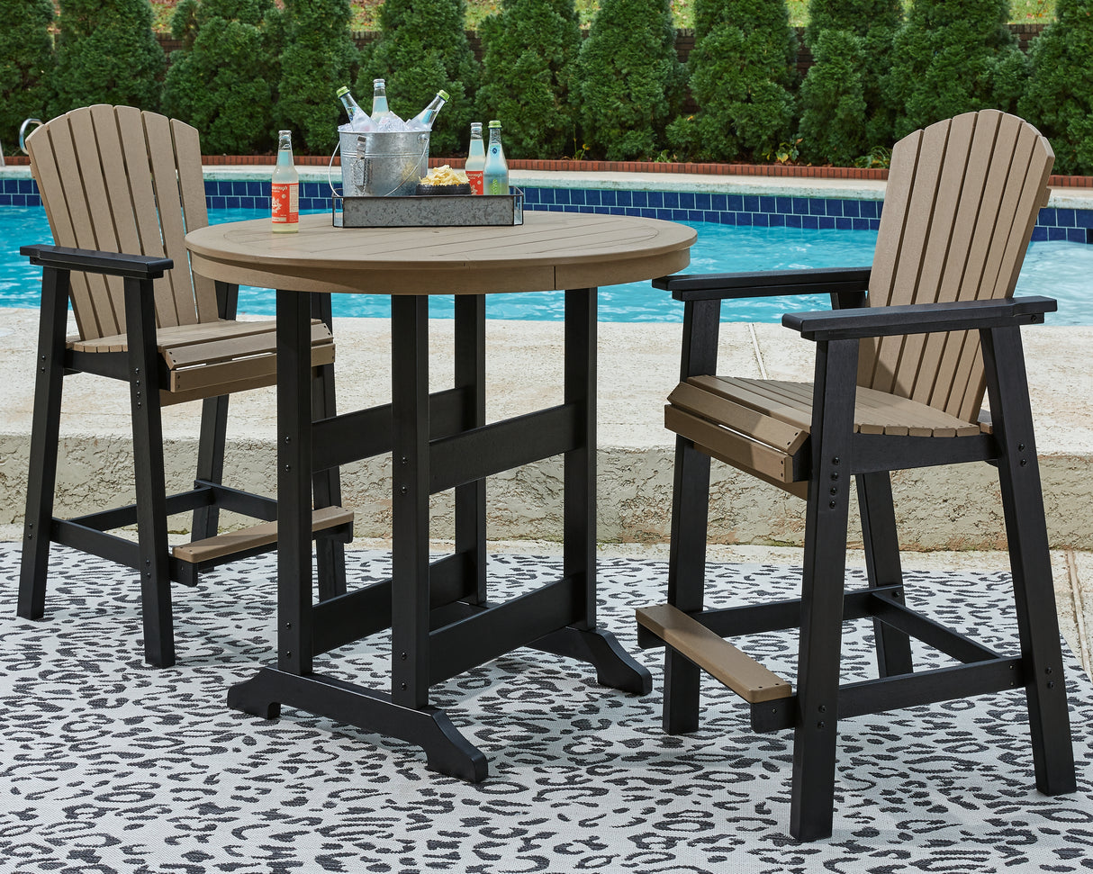 Fairen Trail Black/Driftwood Outdoor Counter Height Dining Table with 2 Barstools from Ashley Furniture - Luna Furniture