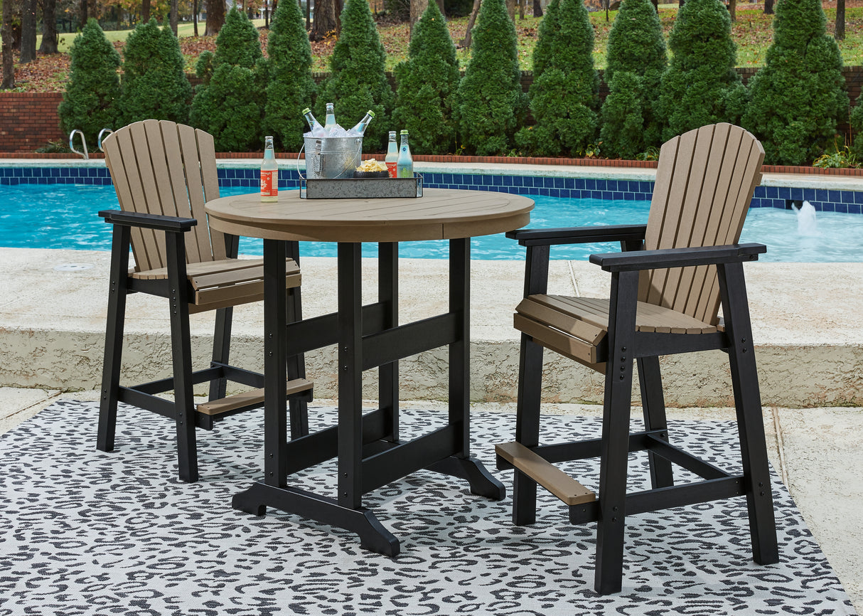 Fairen Trail Black/Driftwood Outdoor Counter Height Dining Table with 2 Barstools from Ashley Furniture - Luna Furniture