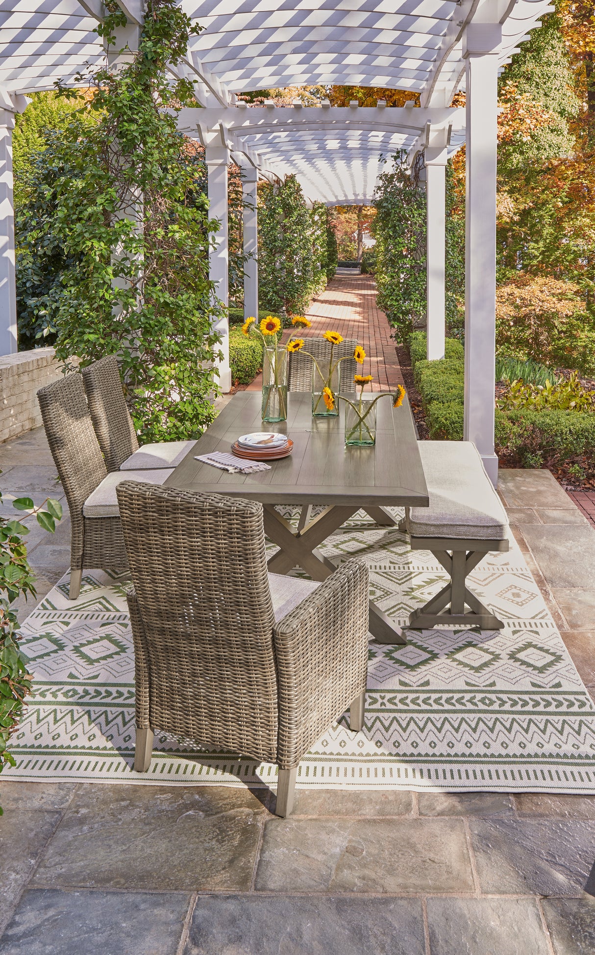 Beachcroft Outdoor Dining Table and 4 Chairs and Bench in Beige from Ashley Furniture - Luna Furniture