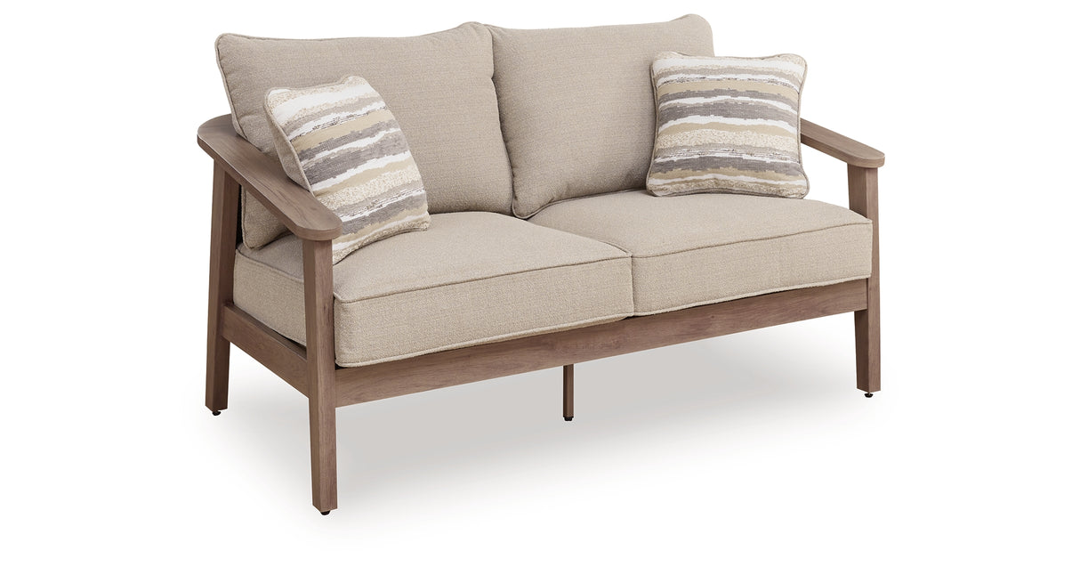 Harmony Headlands Natural/Gray Outdoor Loveseat with Cushion from Ashley - Luna Furniture