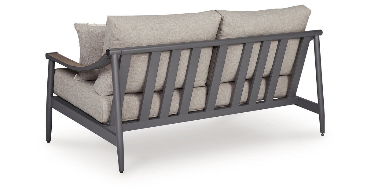 Ocean Beach Outdoor Sofa and Loveseat with Coffee Table in Gray from Ashley Furniture - Luna Furniture