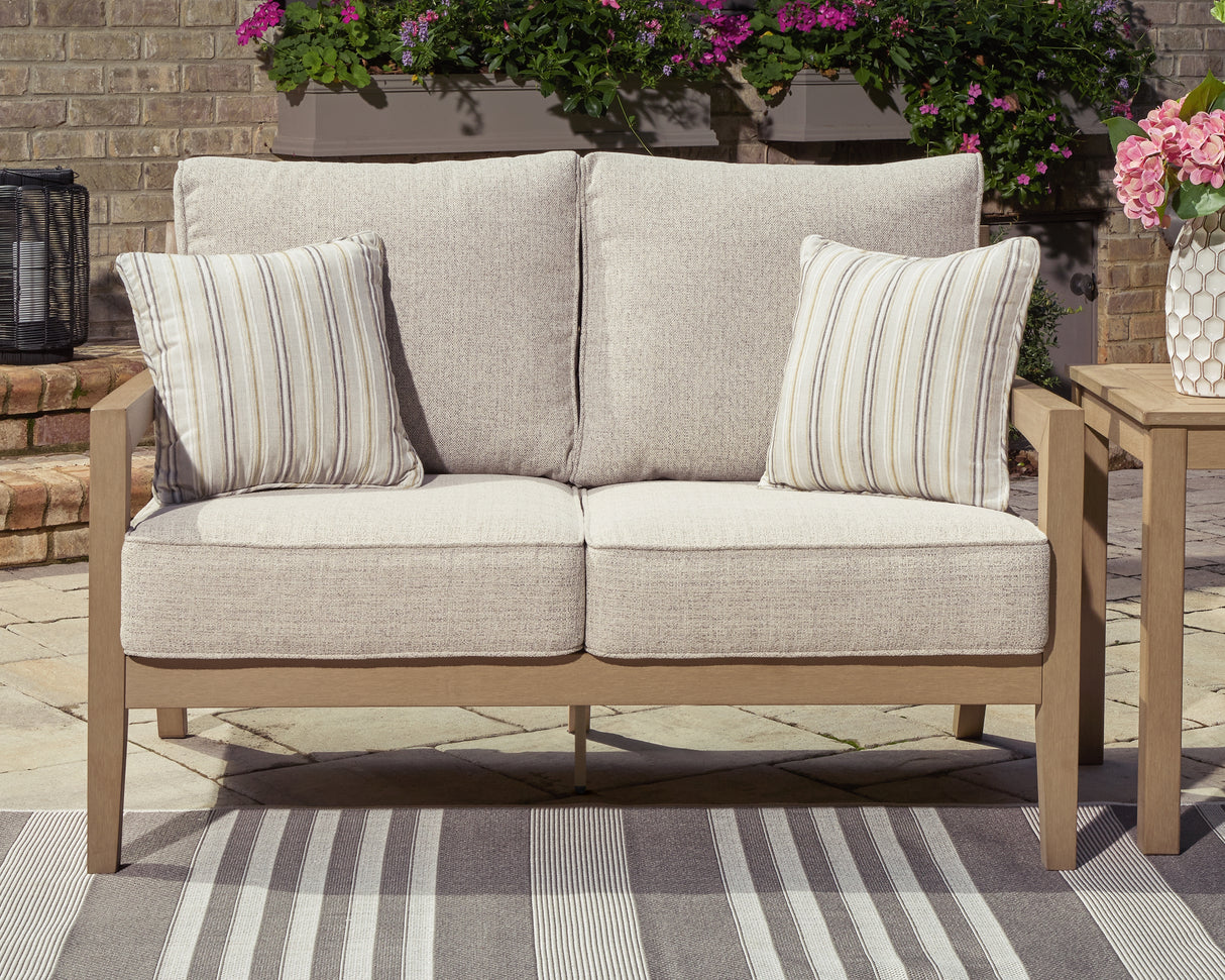 Hallow Creek Driftwood Outdoor Loveseat with Cushion from Ashley Furniture - Luna Furniture