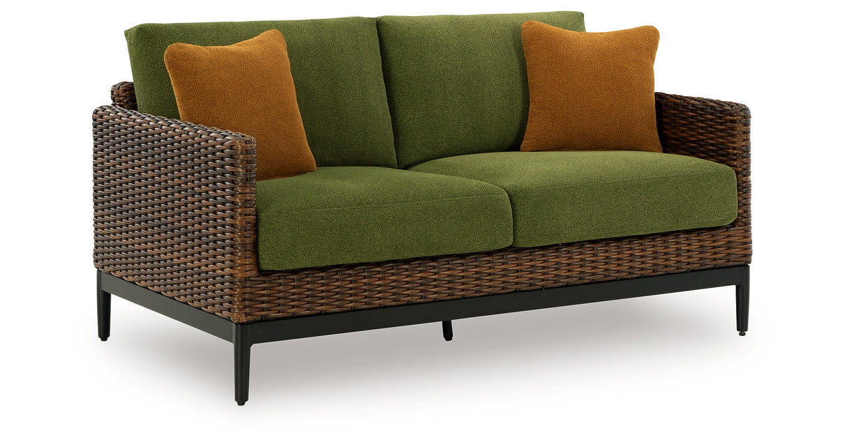 Horizon Hall Brown/Green Outdoor Loveseat with Cushion from Ashley Furniture - Luna Furniture