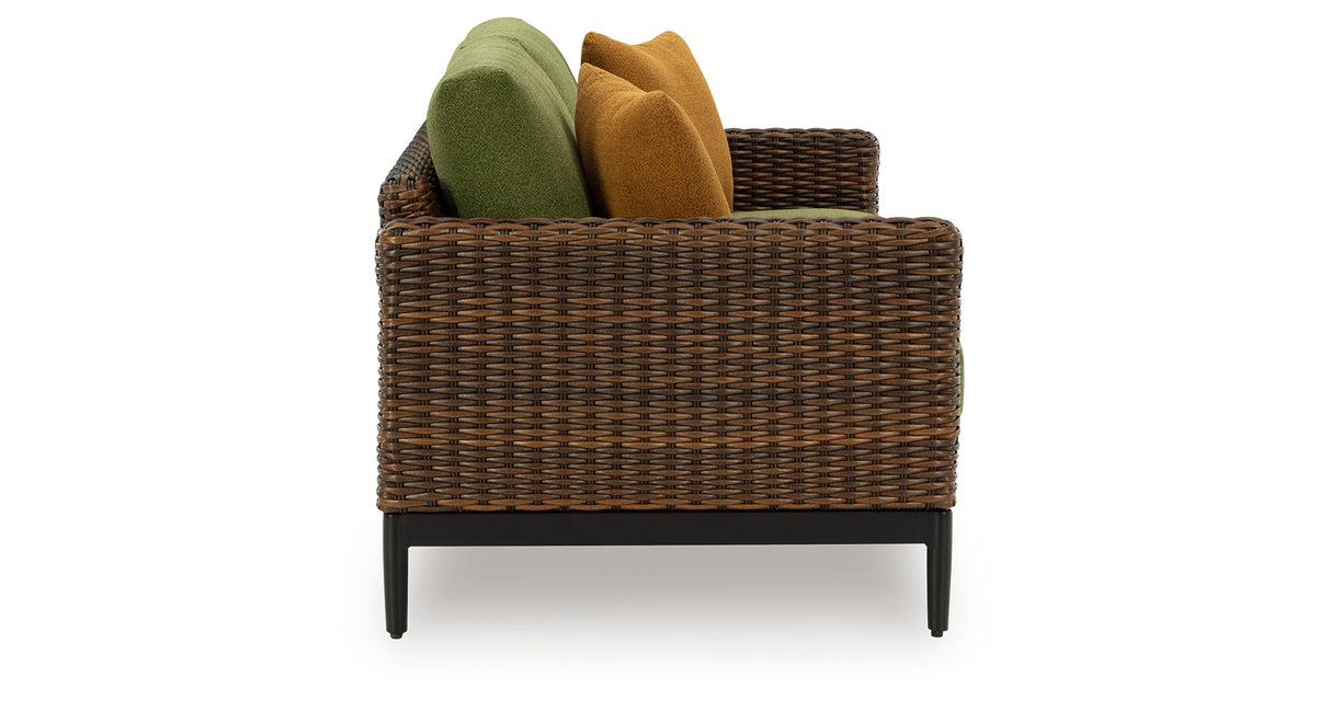 Horizon Hall Brown/Green Outdoor Loveseat with Cushion from Ashley Furniture - Luna Furniture