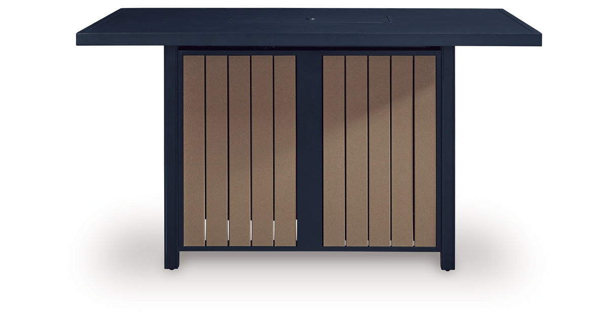 East Beach Outdoor Fire Pit Bar Table and 4 Barstools in Navy Blue/Driftwood from Ashley Furniture - Luna Furniture