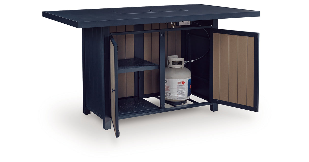 East Beach Outdoor Fire Pit Bar Table and 4 Barstools in Navy Blue/Driftwood from Ashley Furniture - Luna Furniture