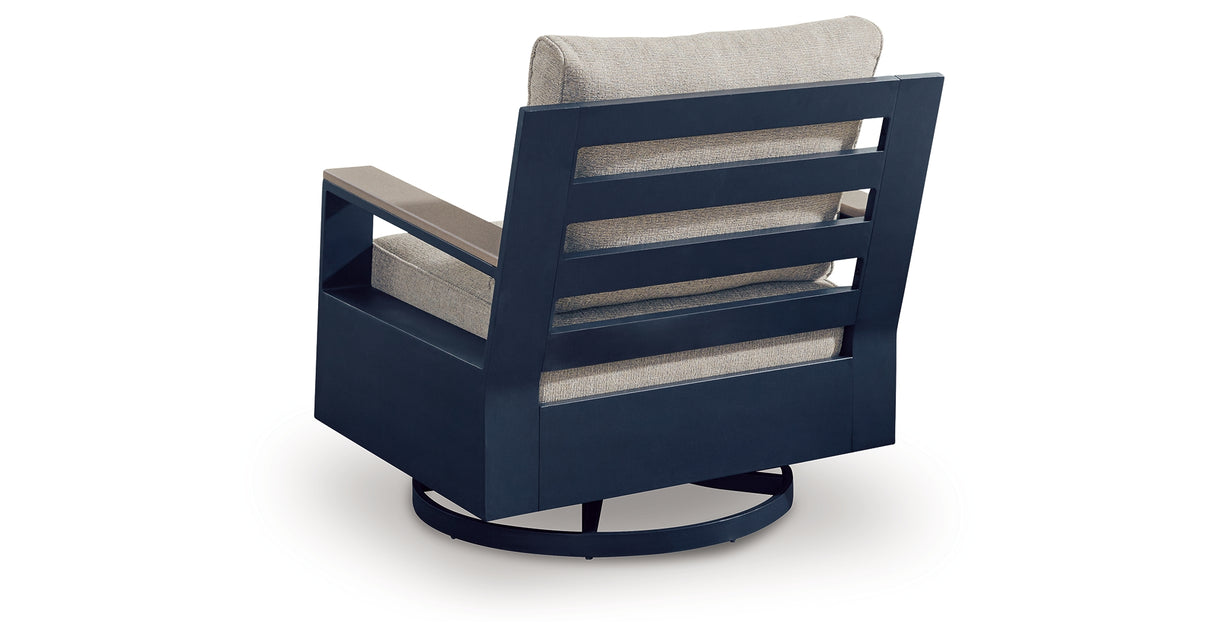 East Beach Outdoor Sofa with 2 Swivel Glider Chairs in Navy Blue/Driftwood from Ashley Furniture - Luna Furniture