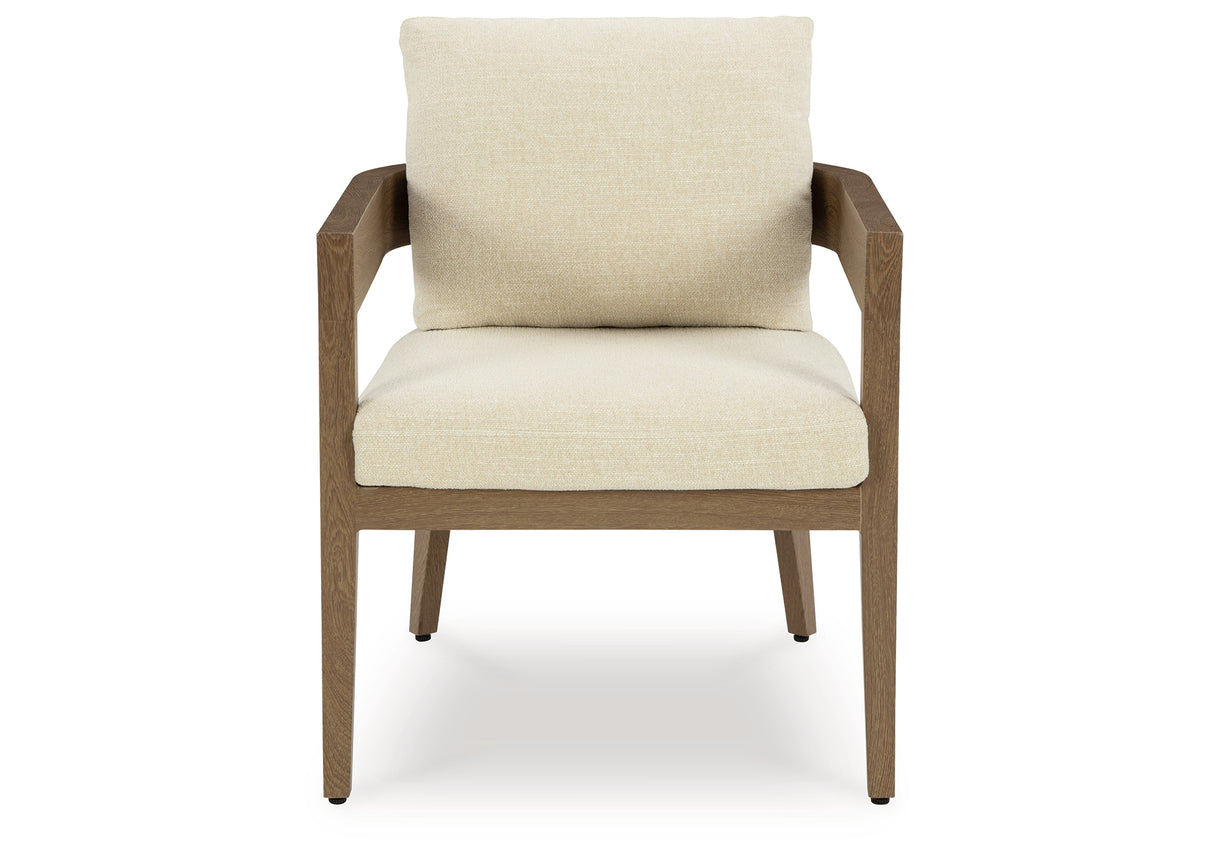 Serene Bay Dark Brown/White Outdoor Dining Arm Chair with Cushion from Ashley Furniture - Luna Furniture