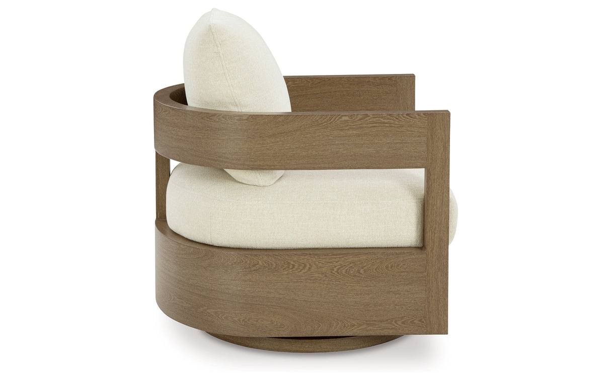 Serene Bay Dark Brown/White Outdoor Swivel Glider Chair with Cushion from Ashley Furniture - Luna Furniture
