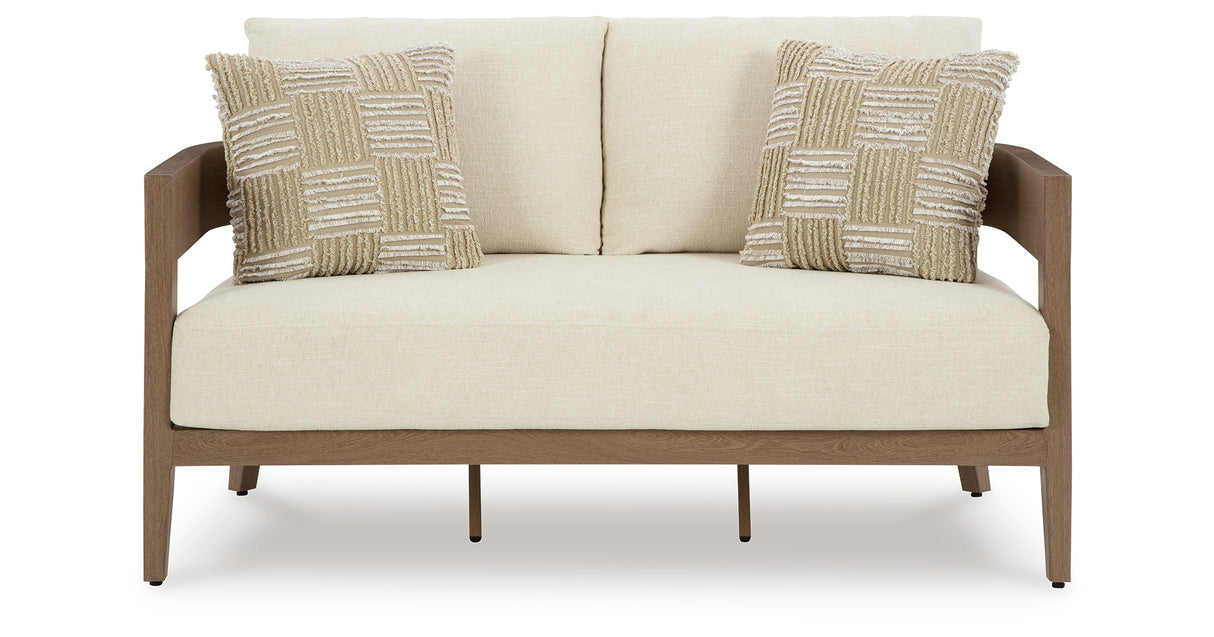 Serene Bay Outdoor Sofa and Loveseat with Coffee Table in Dark Brown/White from Ashley Furniture - Luna Furniture
