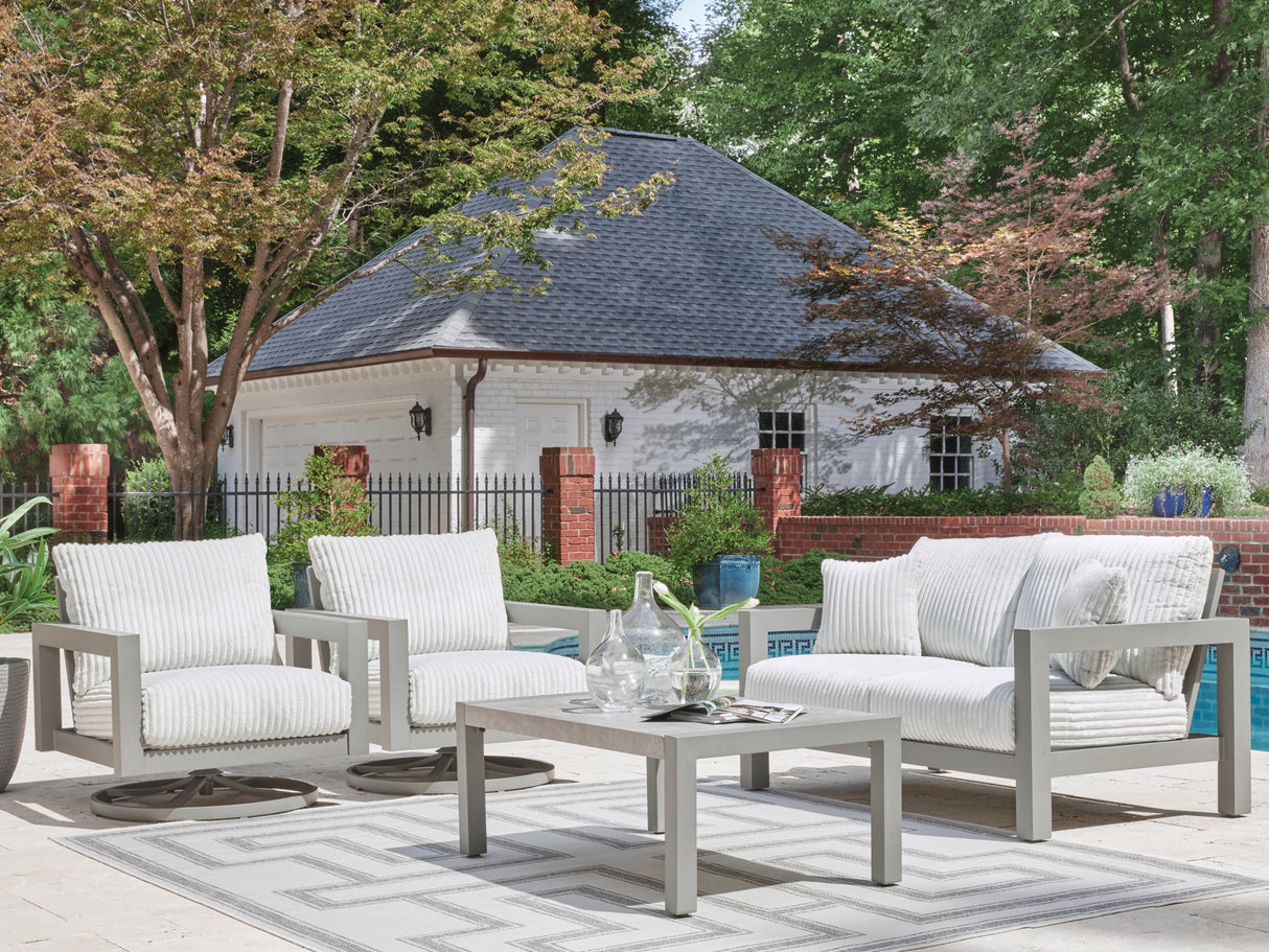 Hurley Park Outdoor Loveseat and 2 Lounge Chairs with Coffee Table in Gray from Ashley Furniture - Luna Furniture