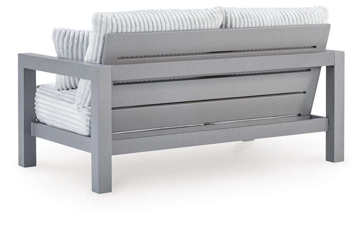 Hurley Park Outdoor Sofa and Loveseat with Coffee Table and 2 End Tables in Gray from Ashley Furniture - Luna Furniture