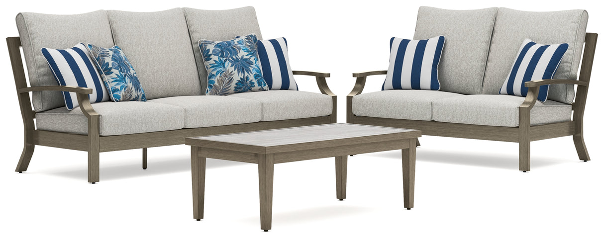 Rainier Ranch Outdoor Sofa and Loveseat with Coffee Table in Brown/Beige from Ashley Furniture - Luna Furniture