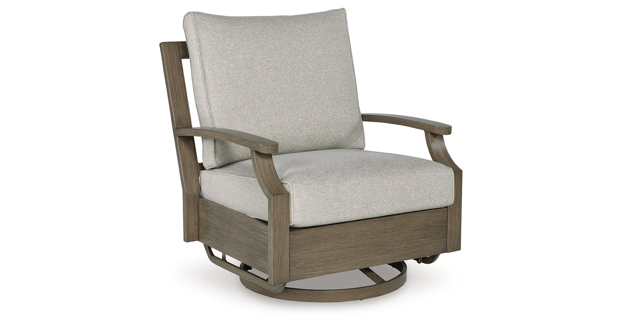 Rainier Ranch Outdoor Loveseat and 2 Chairs with Coffee Table in Brown/Beige from Ashley Furniture - Luna Furniture