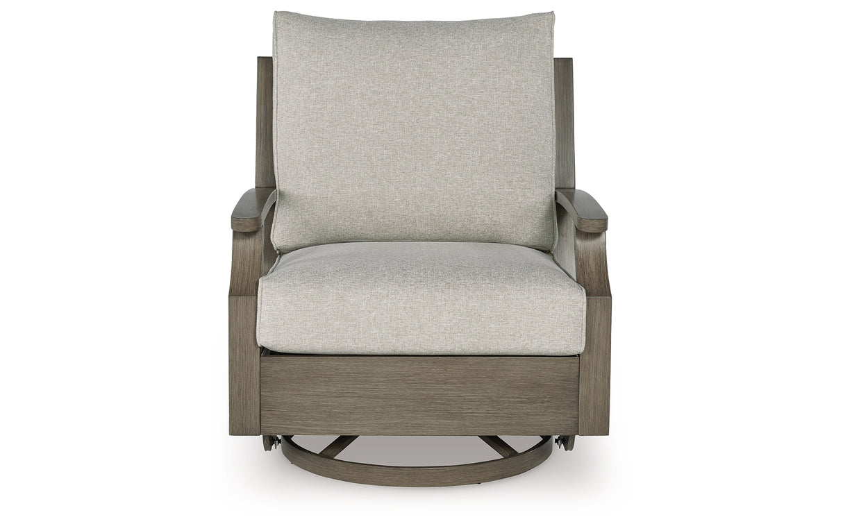 Rainier Ranch Outdoor Loveseat and 2 Chairs with Coffee Table in Brown/Beige from Ashley Furniture - Luna Furniture