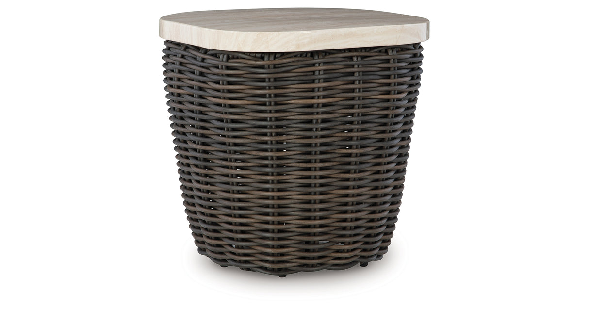 Kimora Beige/Dark Brown Outdoor End Table from Ashley Furniture - Luna Furniture