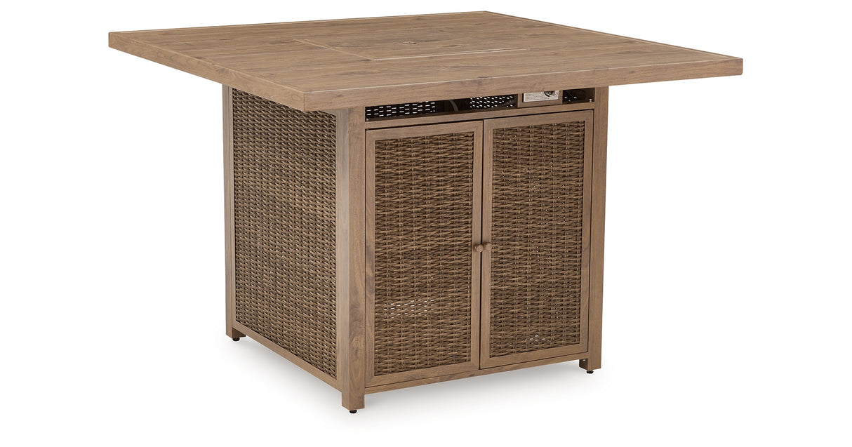 Walton Bridge Driftwood Outdoor Bar Table with Fire Pit from Ashley Furniture - Luna Furniture