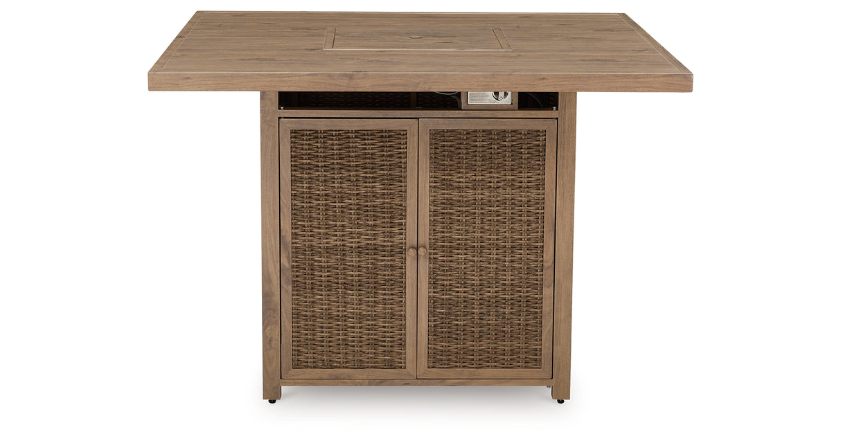 Walton Bridge Driftwood Outdoor Bar Table with Fire Pit from Ashley Furniture - Luna Furniture