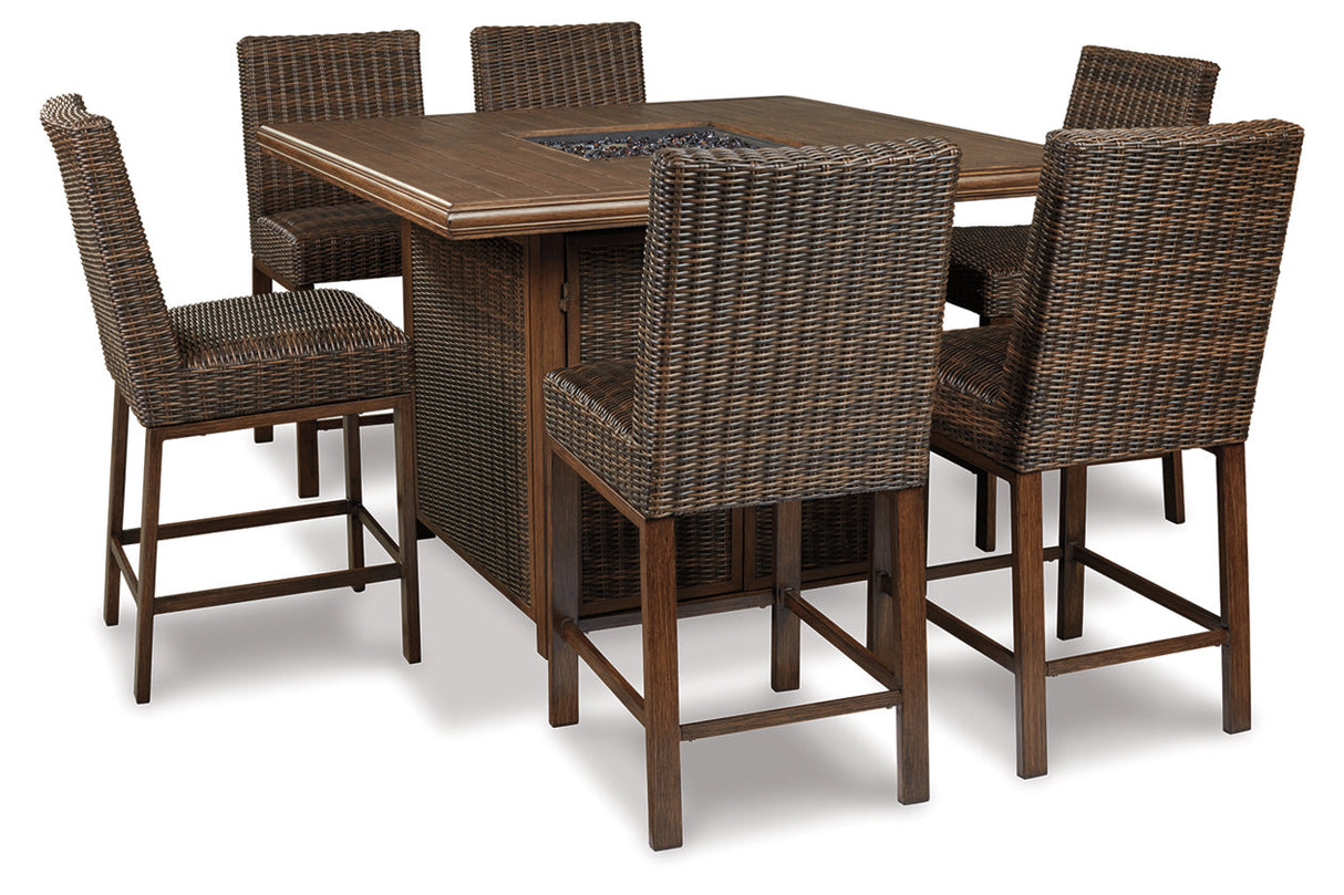 Paradise Trail Medium Brown Outdoor Bar Fire Pit Table with 6 Barstools from Ashley - Luna Furniture