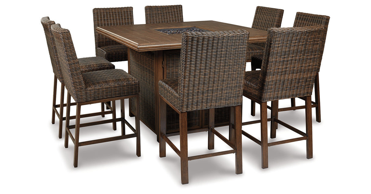 Paradise Trail Medium Brown Outdoor Counter Height Dining Table with 6 Barstools from Ashley Furniture - Luna Furniture