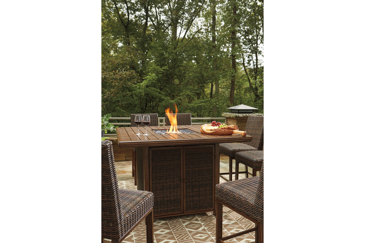 Paradise Trail Medium Brown Outdoor Counter Height Dining Table with 6 Barstools from Ashley Furniture - Luna Furniture