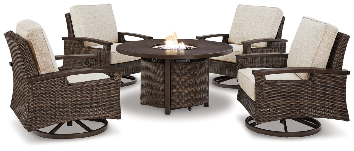 Paradise Trail Medium Brown Outdoor Fire Pit Table with 4 Lounge Chairs from Ashley Furniture - Luna Furniture